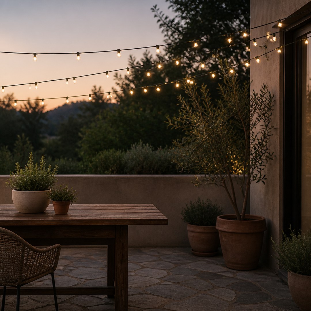 Solar string lights glowing over a patio table at dusk