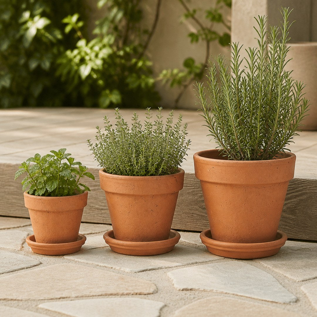 Terracotta planters grouped on a stone patio with plants