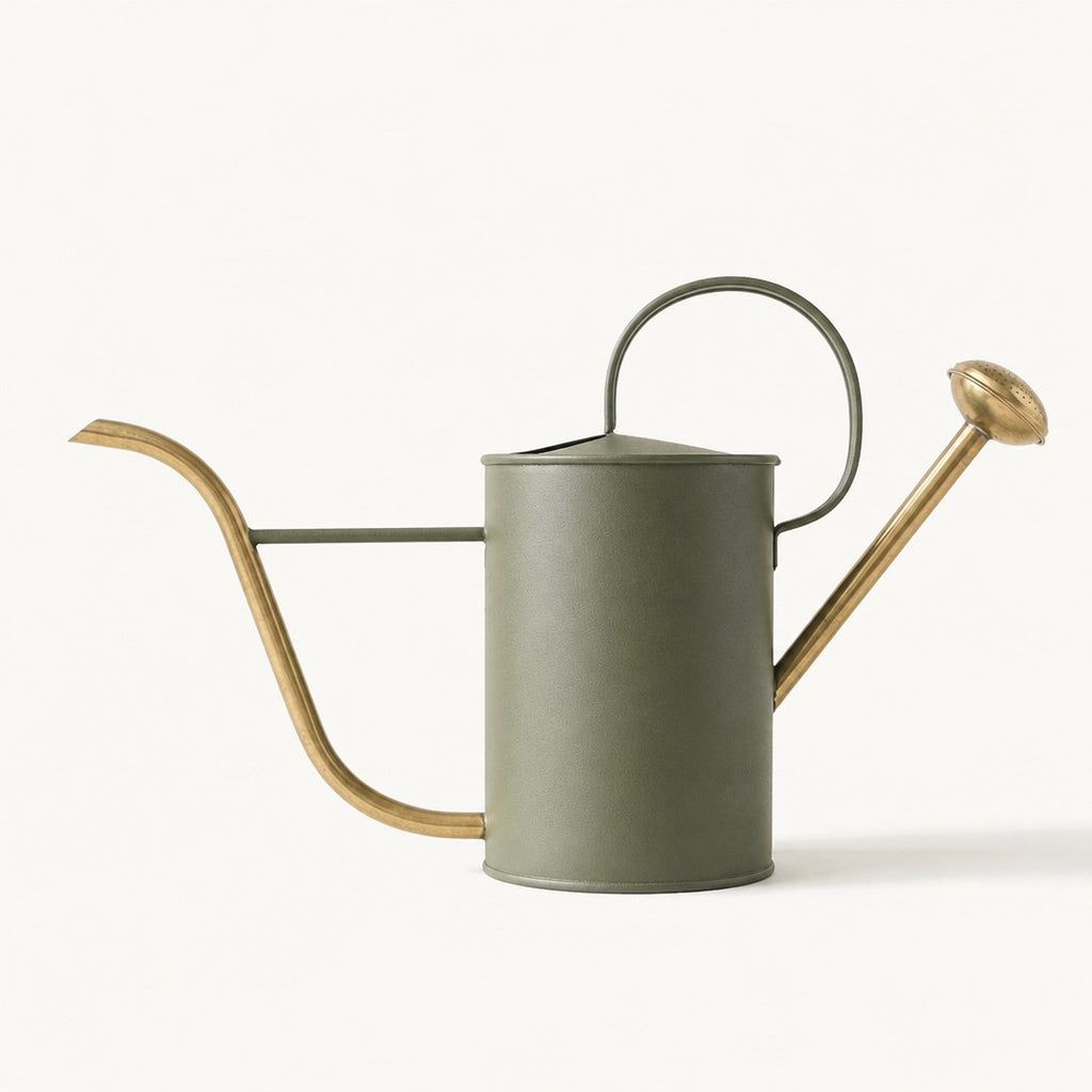Steel watering can in profile showing the long spout