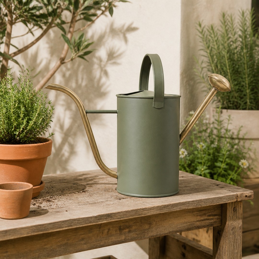 Steel watering can on a wooden potting bench in a garden