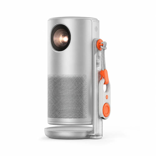 1080p portable smart projector on its 360 degree rail stand