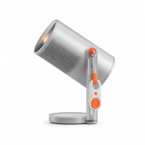 Portable projector tilted upward on the rail stand