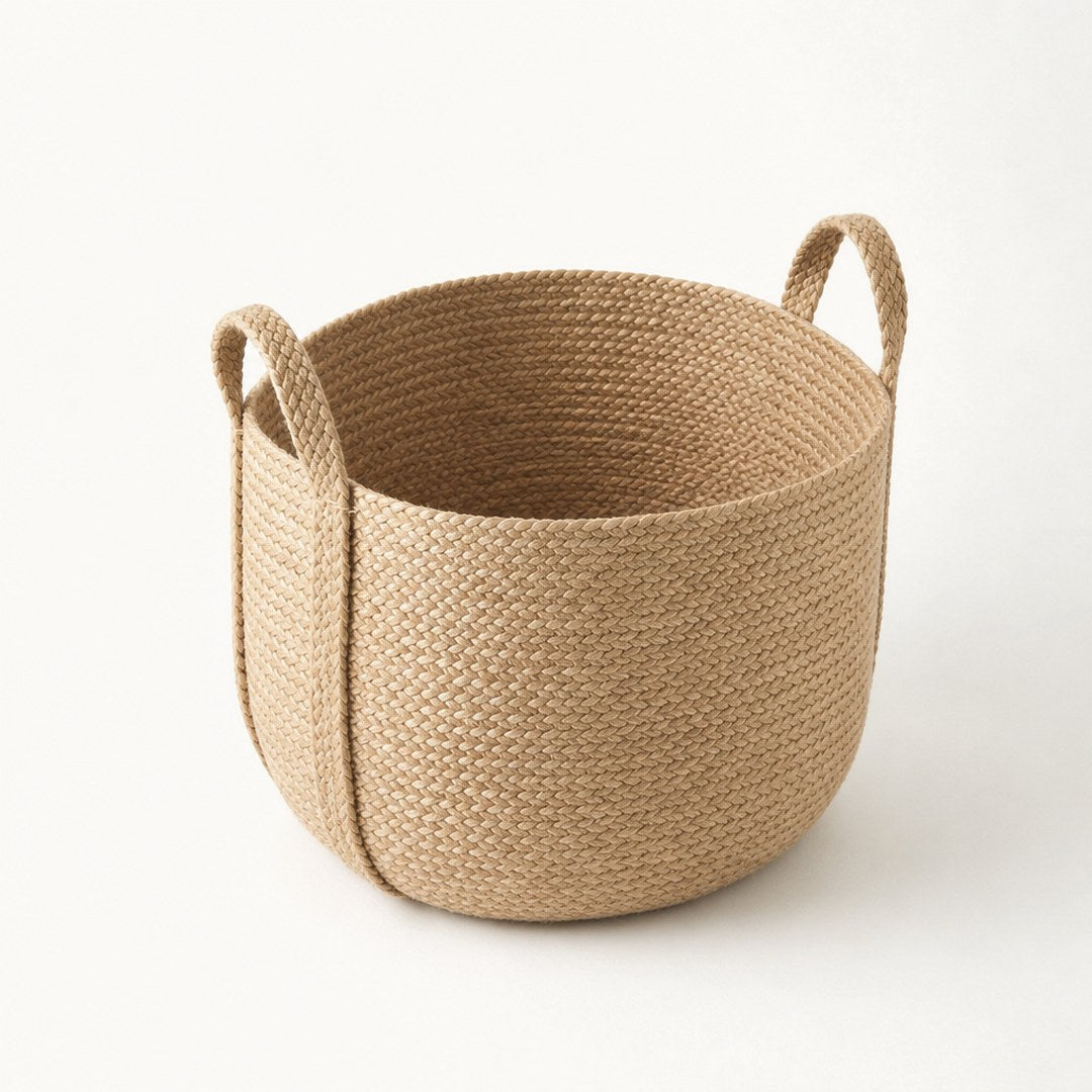 Large blanket basket from above showing the rim, handles and lining