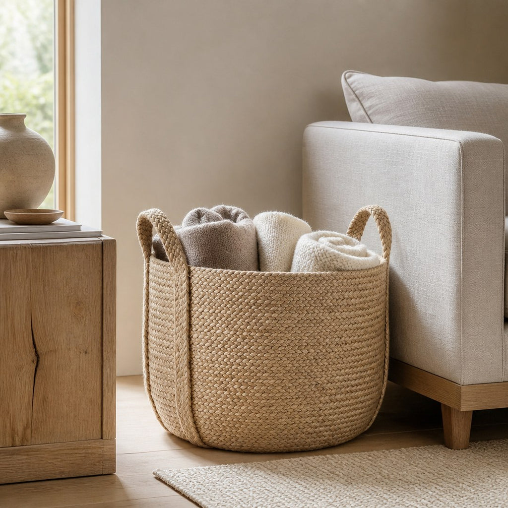 Large blanket basket beside a sofa holding rolled throws