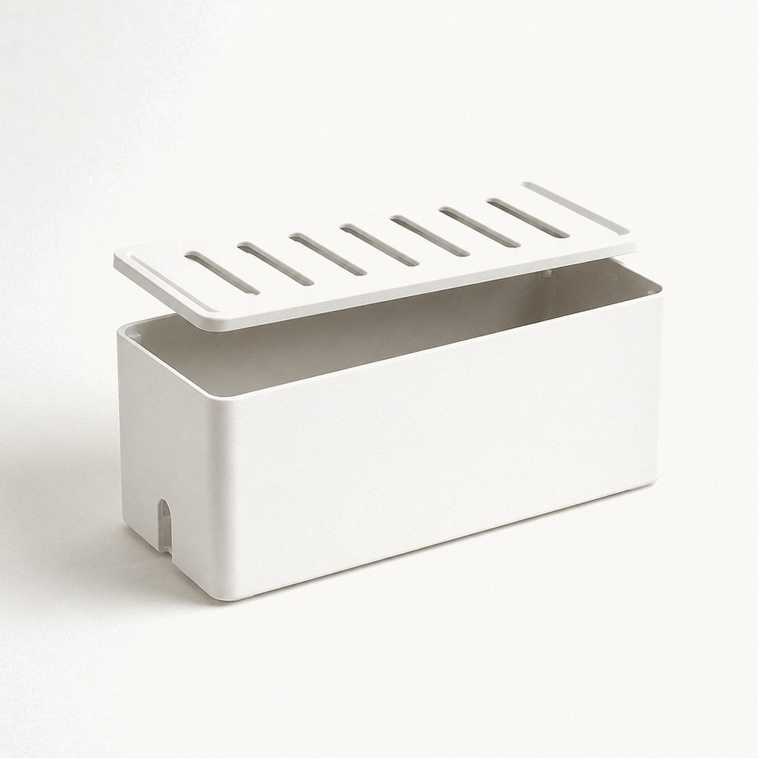 Cable tidy box with the lid lifted showing the interior compartment