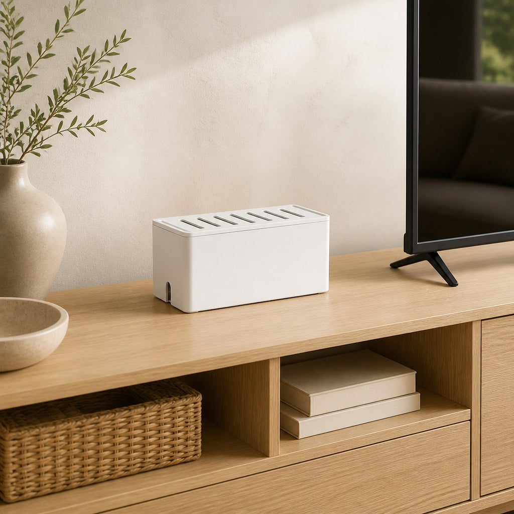Cable tidy box on an oak media console in a living room