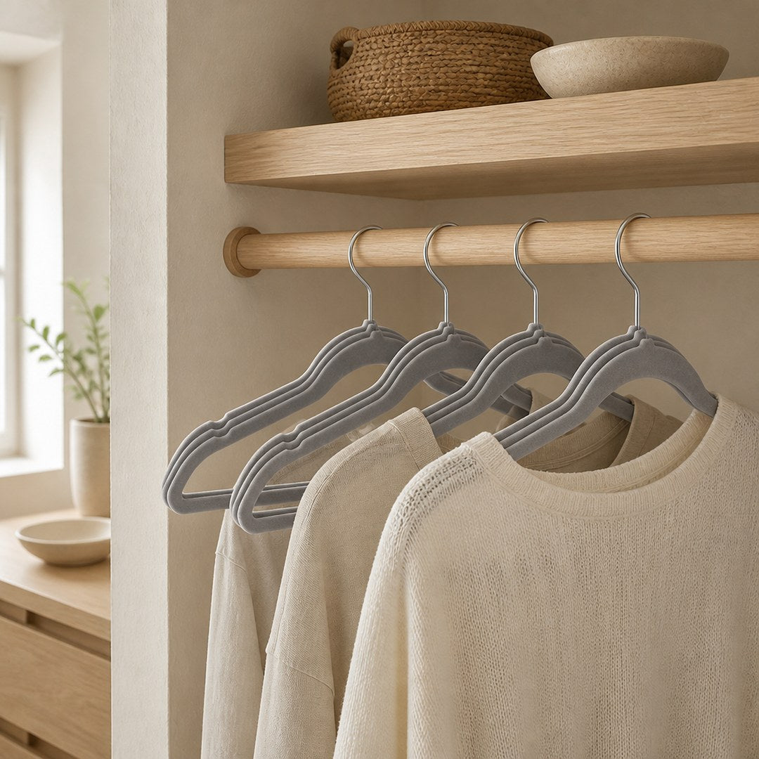 Velvet hangers on a wardrobe rail holding neutral garments