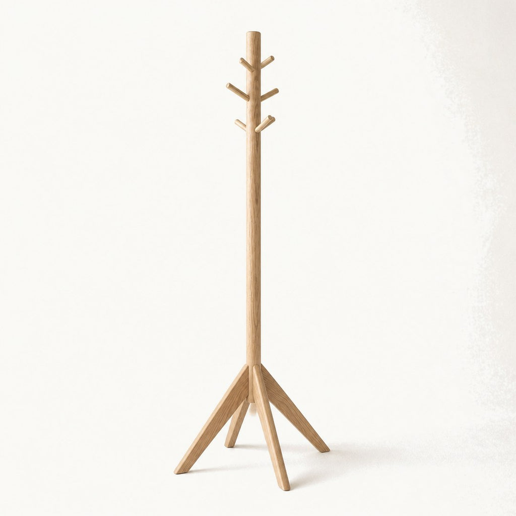Standing coat rack from a low angle showing the tripod base and arm spread