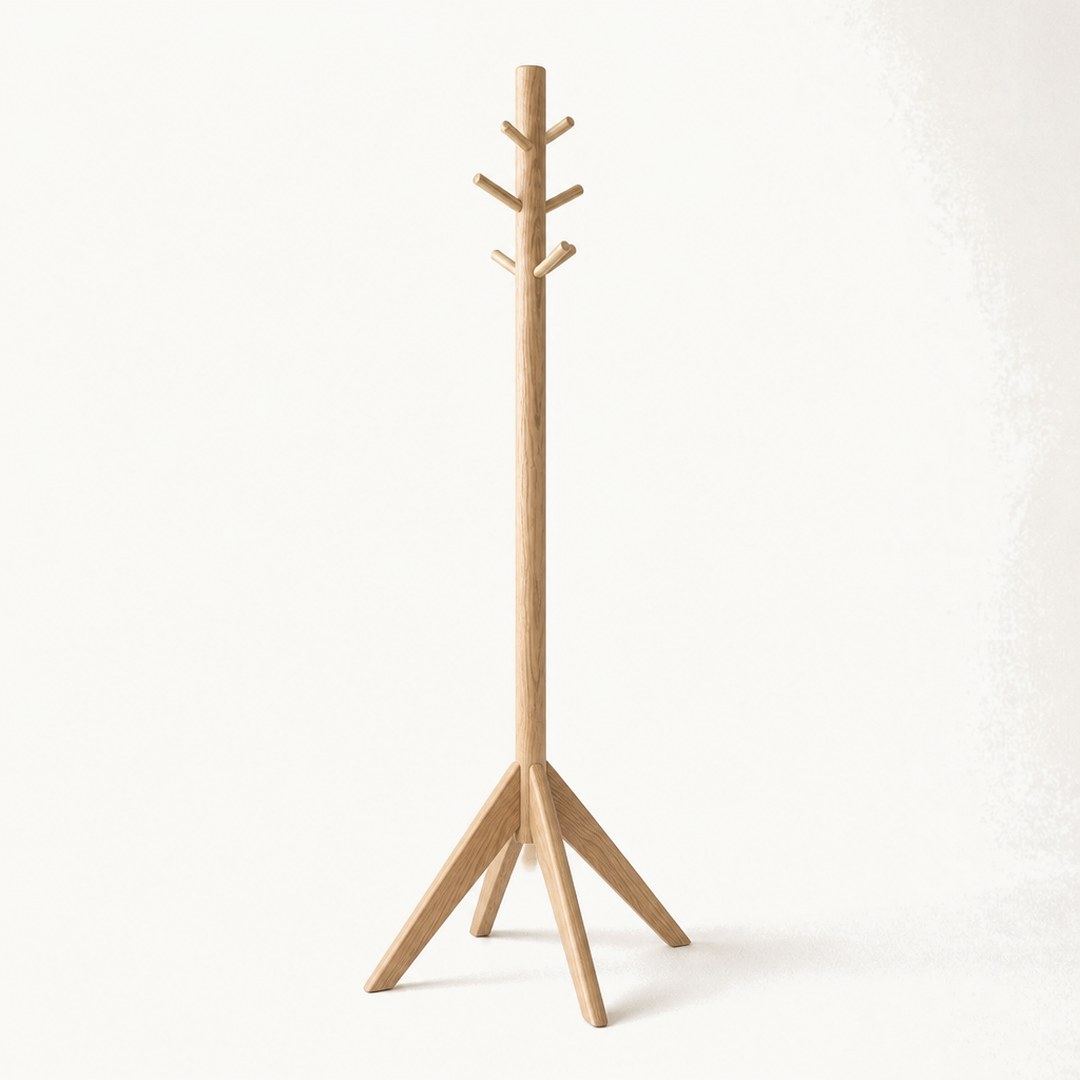 Standing coat rack from a low angle showing the tripod base and arm spread