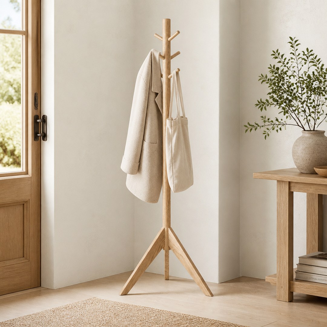 Standing coat rack in an entryway corner with a coat and tote hanging