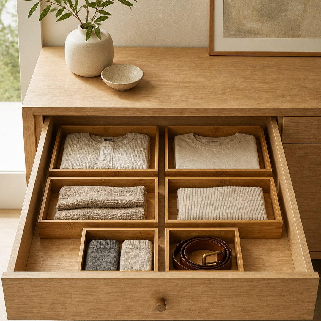 Drawer organisers inside an open oak drawer dividing folded items