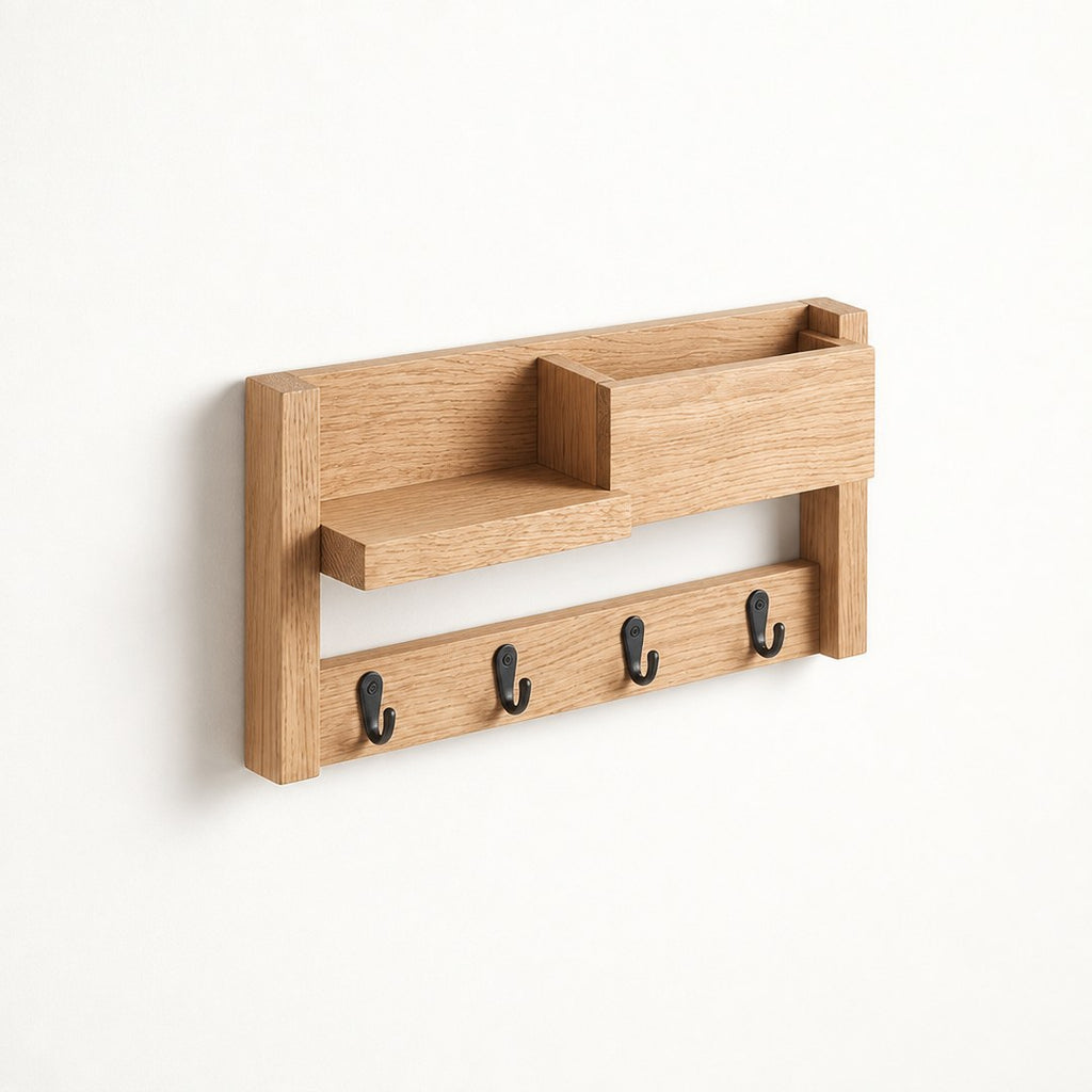 Entryway organiser at an angle showing the compartments and side depth