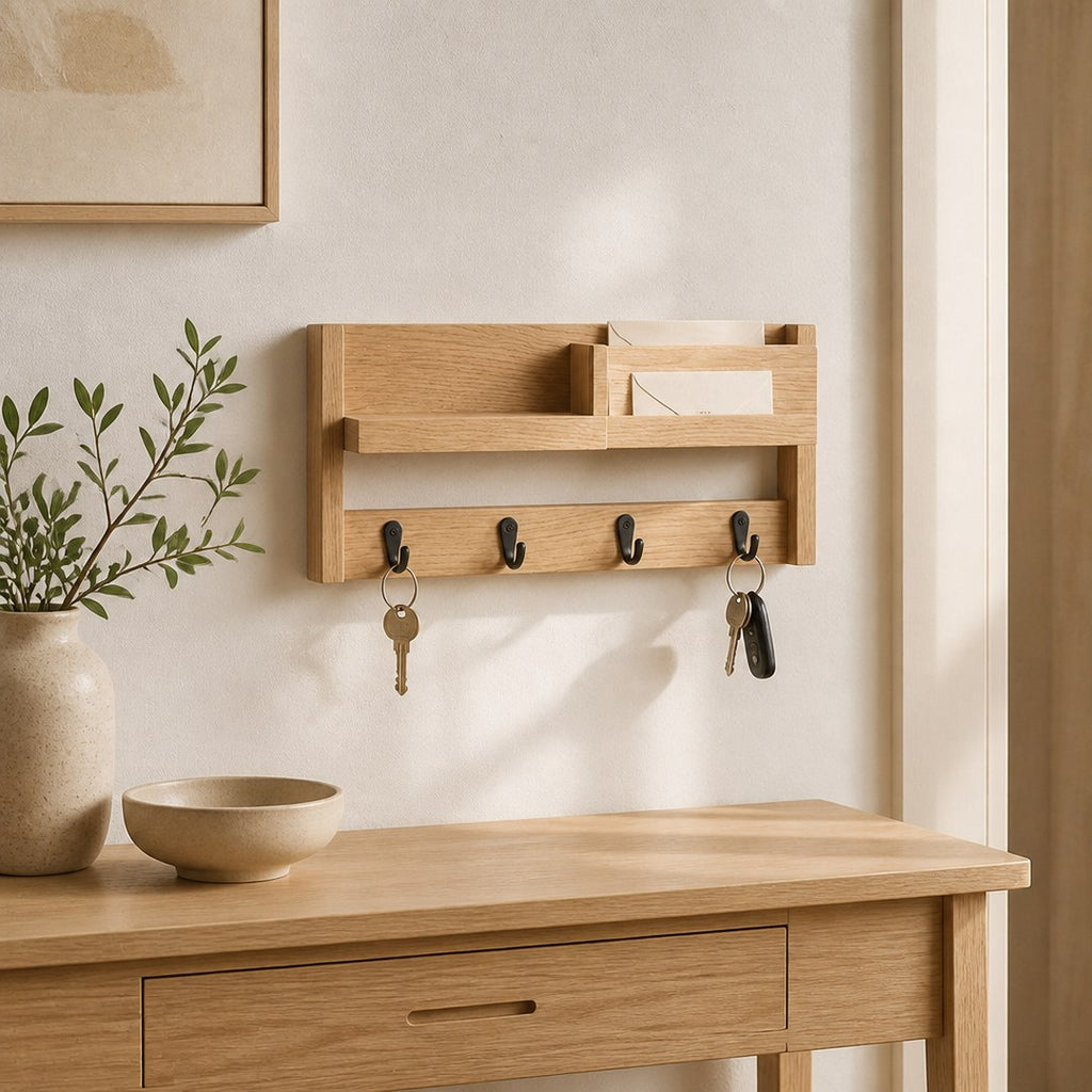Entryway organiser on a console table holding keys and letters