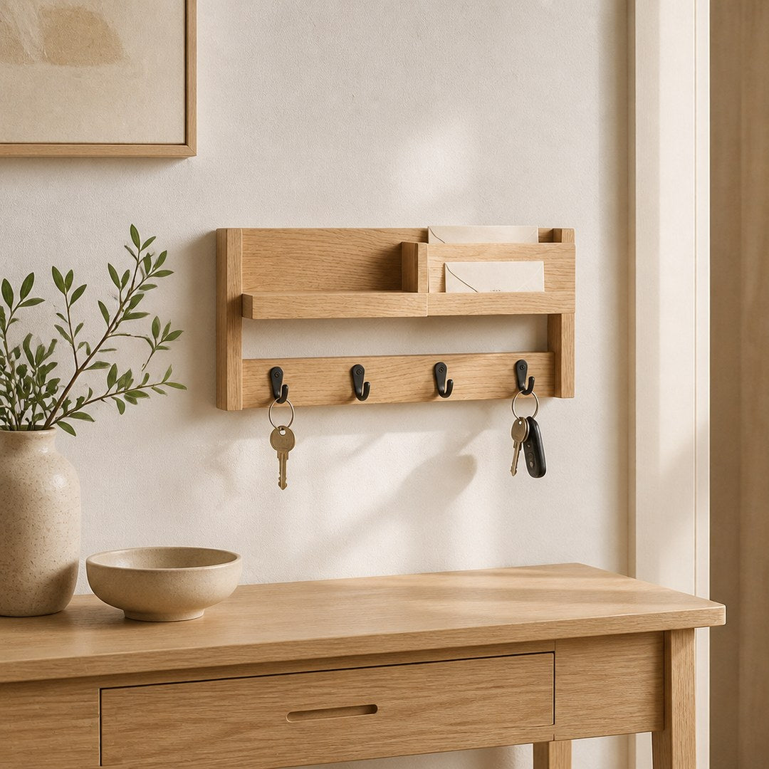 Entryway organiser on a console table holding keys and letters