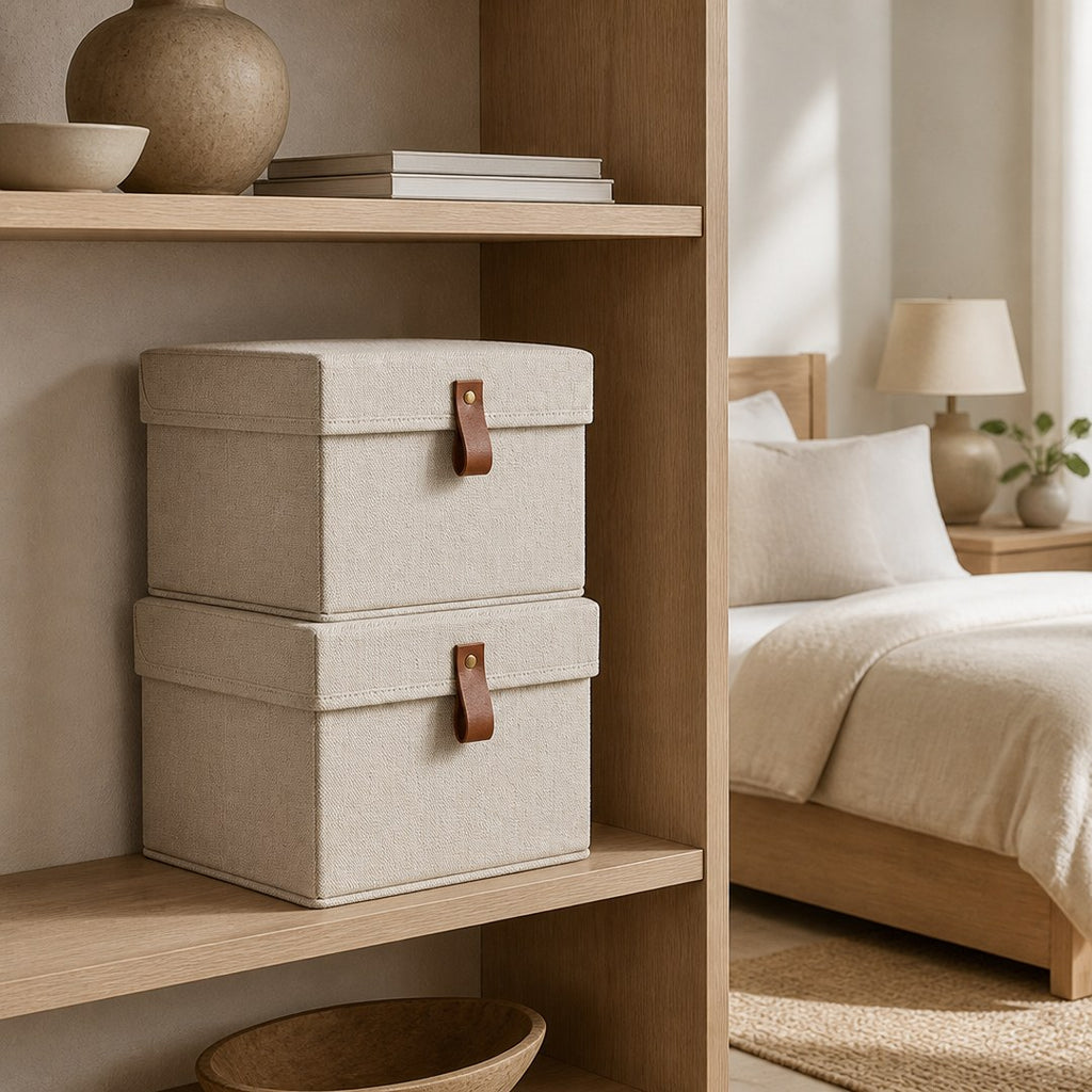 Lidded fabric boxes stacked on an open oak shelf in a bedroom