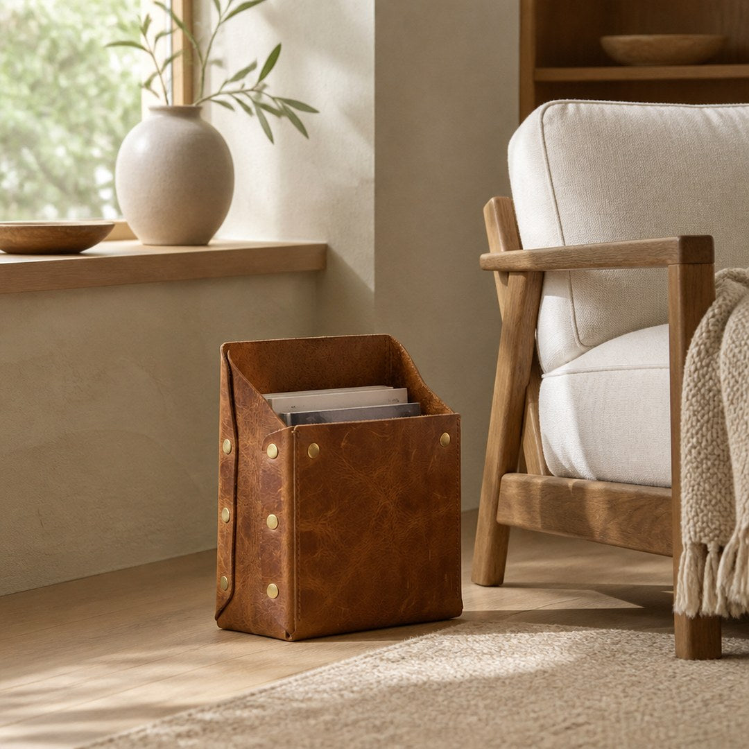 Leather magazine holder beside a reading chair holding magazines