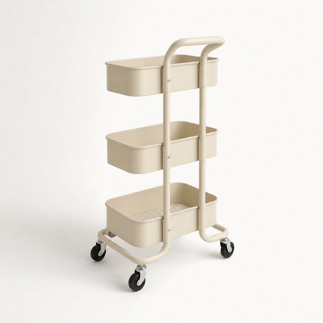 Rolling utility cart from the rear showing the castors and shelf depth