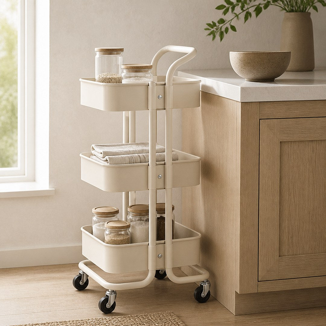 Rolling utility cart beside a kitchen counter holding jars and towels