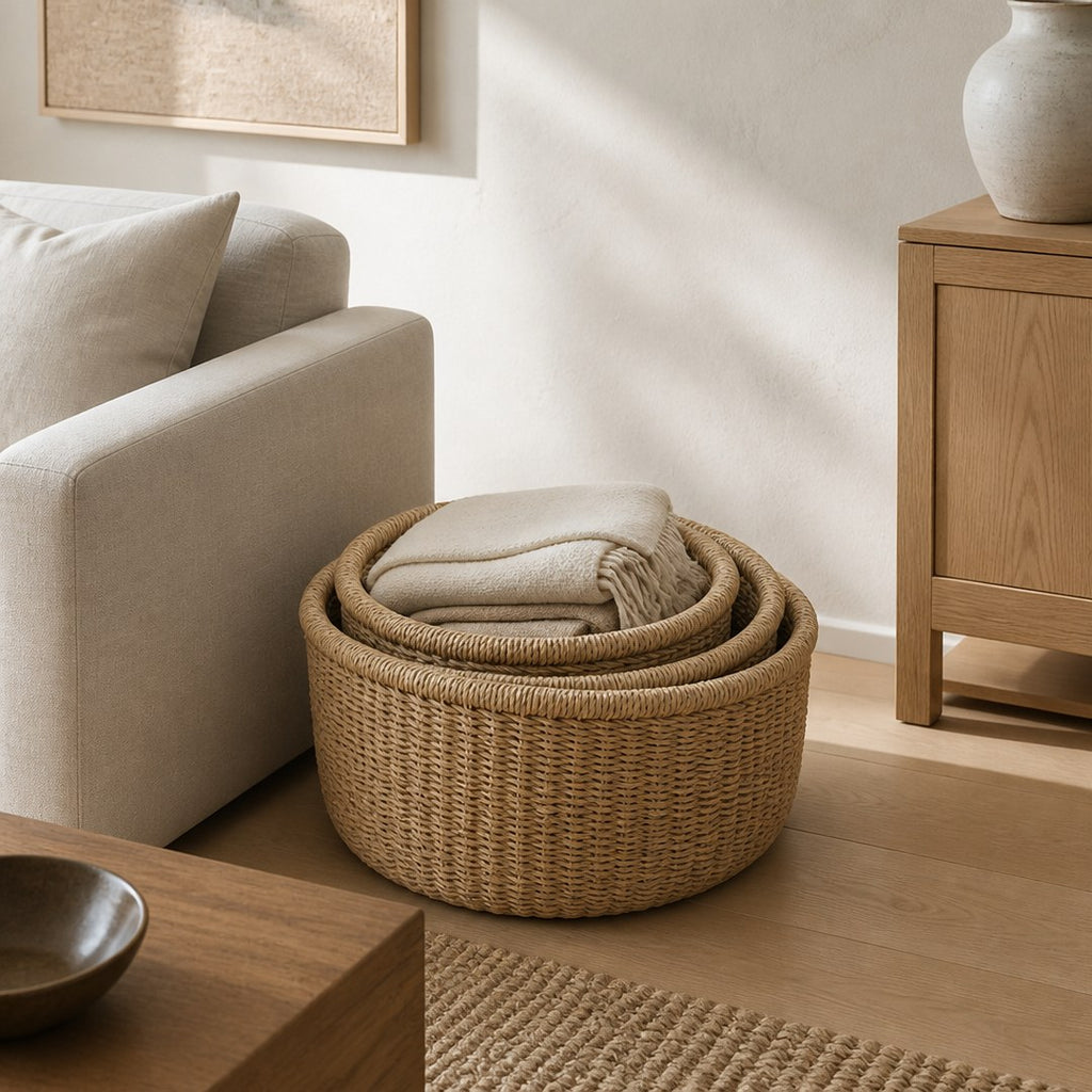 Seagrass baskets beside a linen sofa holding folded throws