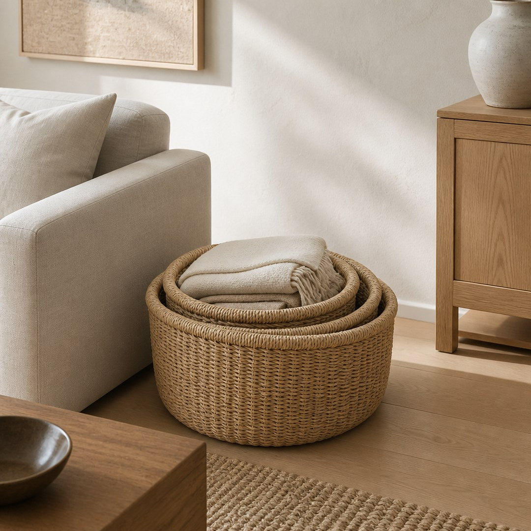 Seagrass baskets beside a linen sofa holding folded throws