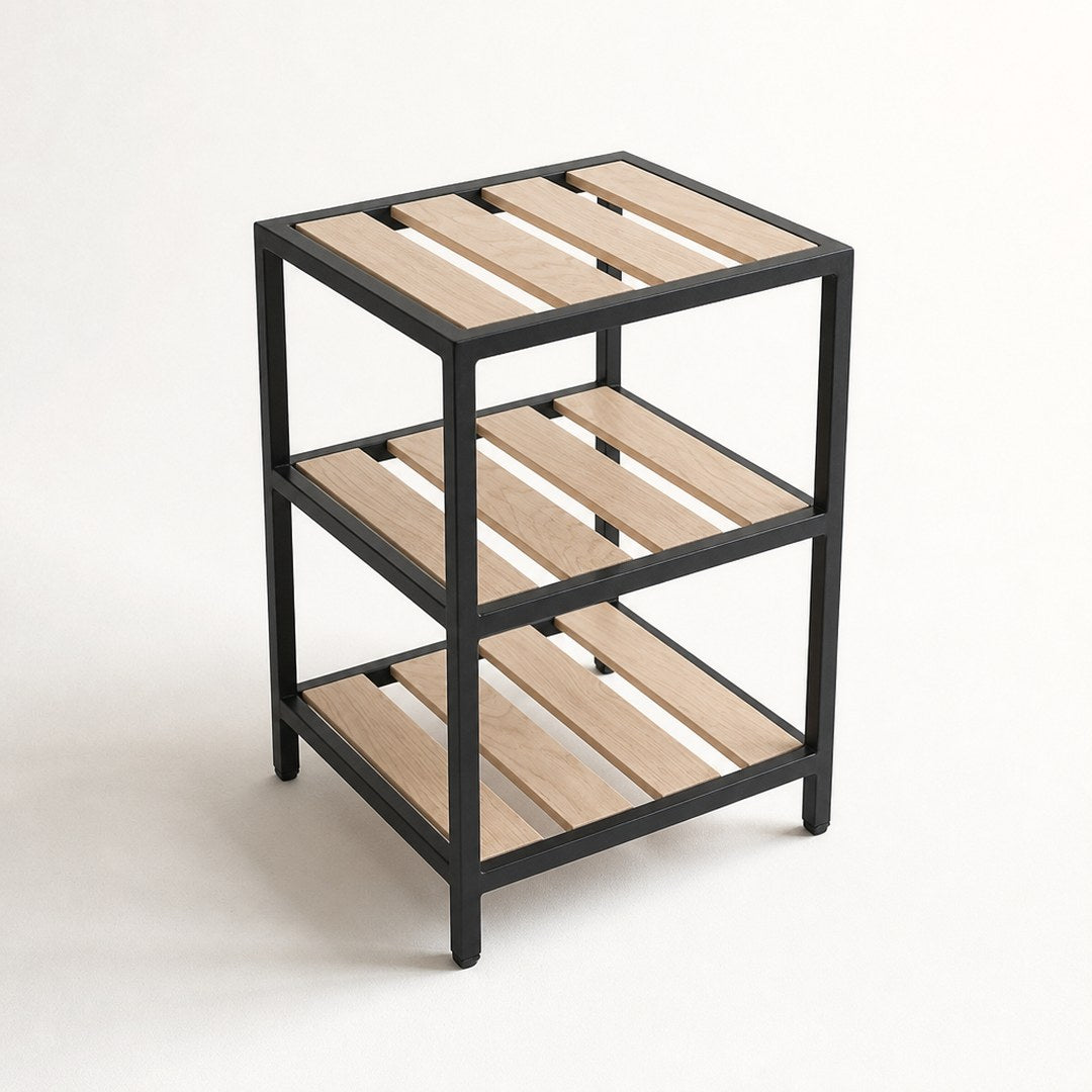Three tier shoe rack from above showing all three tiers and shelf depth