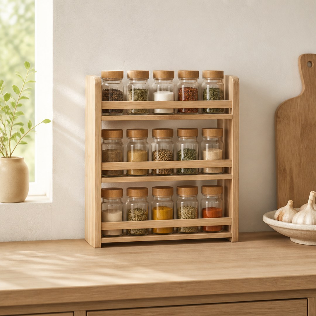 Tiered spice rack on a kitchen counter holding glass spice jars