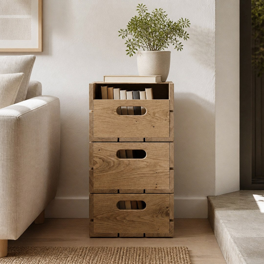 Oak stacking crates against a living room wall holding books and a plant
