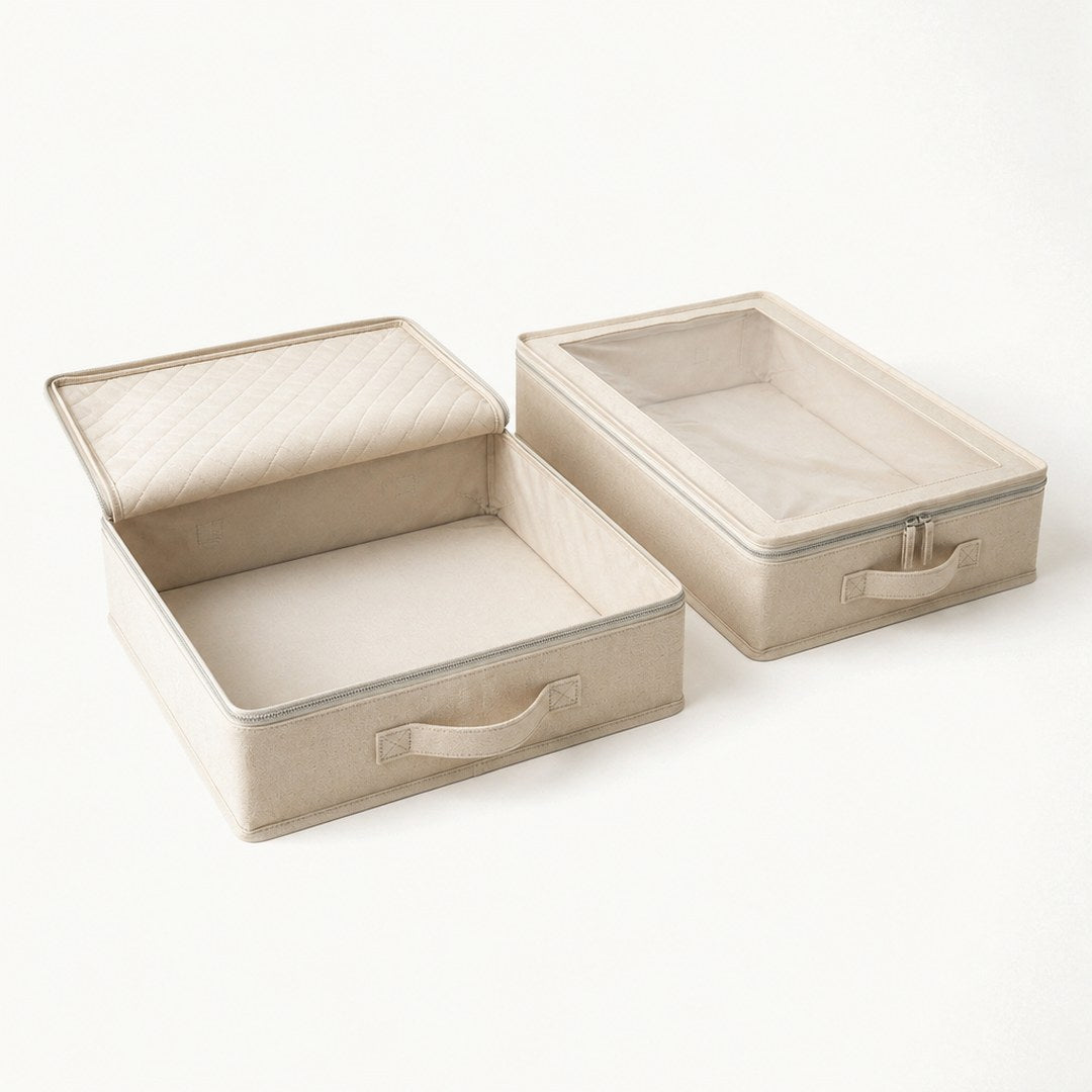 Under-bed storage bags with one open showing the interior