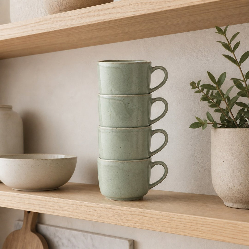 Reactive glaze mug set on an open oak kitchen shelf
