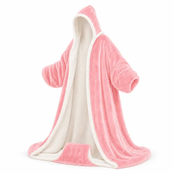 Heated wearable blanket with hood and foot pocket, blush