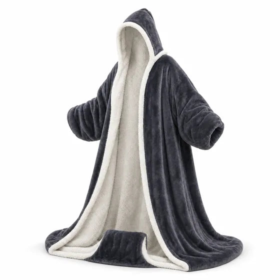 Heated wearable blanket with hood and foot pocket, charcoal