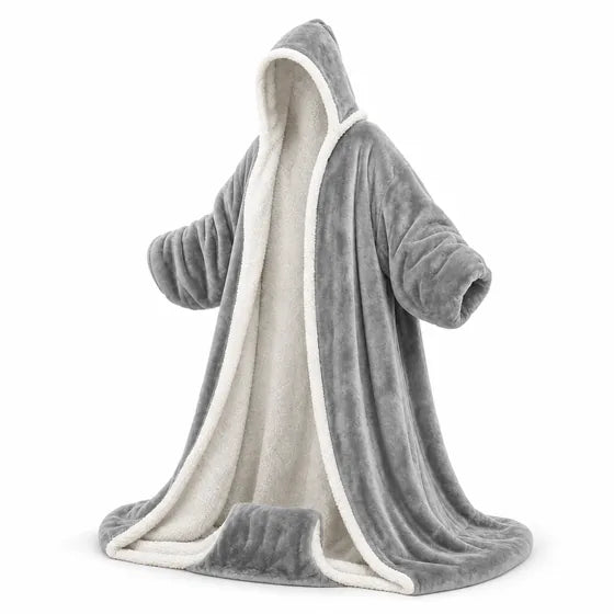 Heated wearable blanket with hood and foot pocket, grey