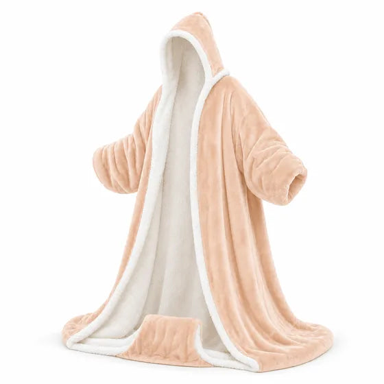 Heated wearable blanket with hood and foot pocket, sand