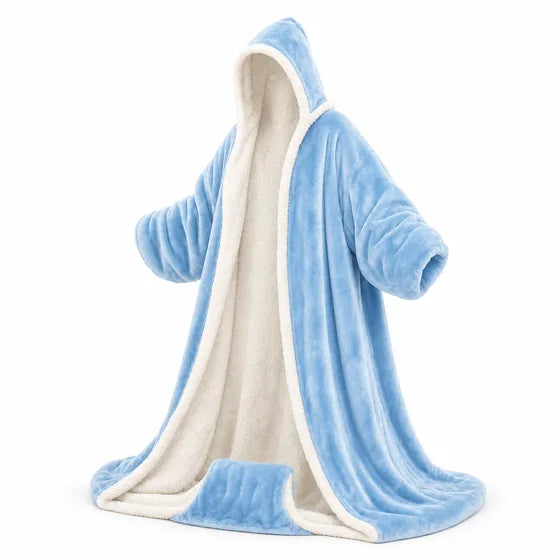 Heated wearable blanket with hood and foot pocket, sky
