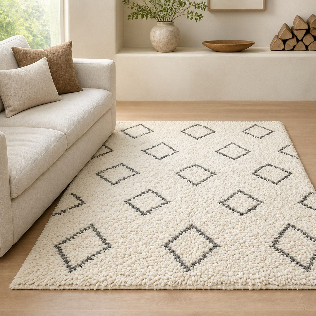 Berber shag rug under a linen sofa in a bright living room