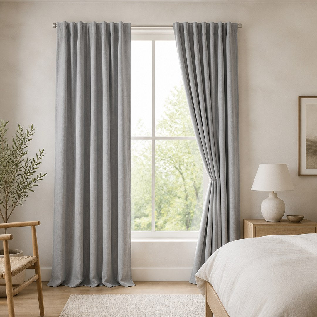 Blackout curtains hung at a tall bedroom window