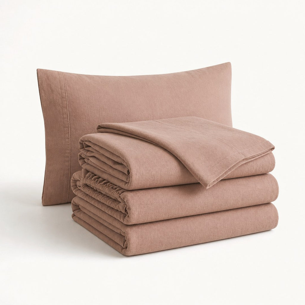 Brushed cotton sheet set with folded corner and pillowcase behind