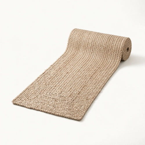 Braided jute runner with one end rolled back showing braid depth