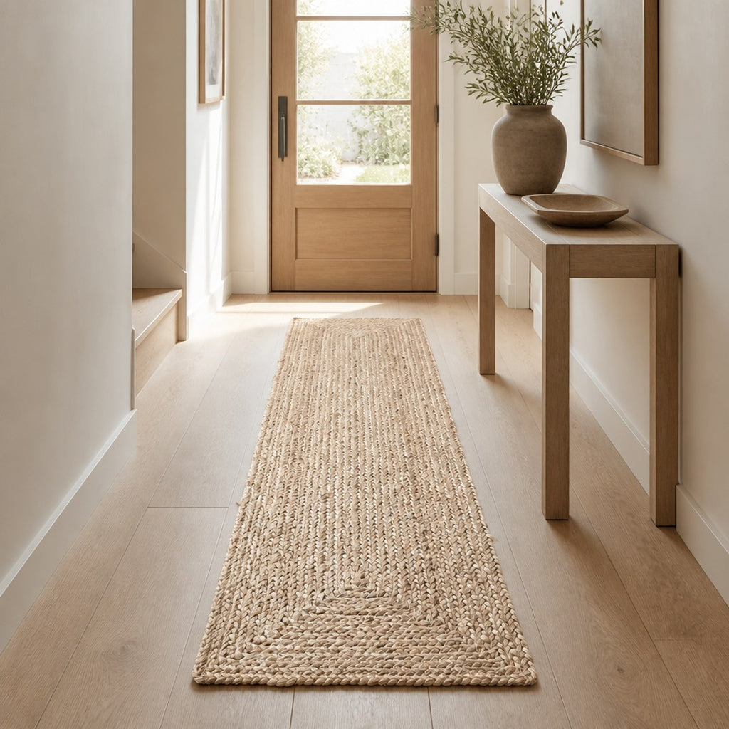 Jute runner along a pale oak hallway floor