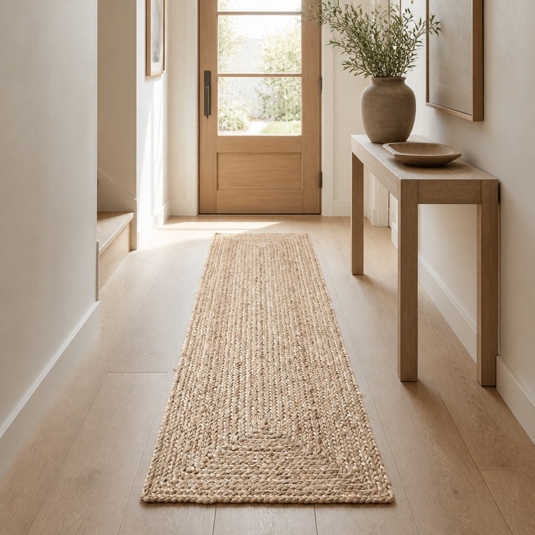 Jute runner along a pale oak hallway floor