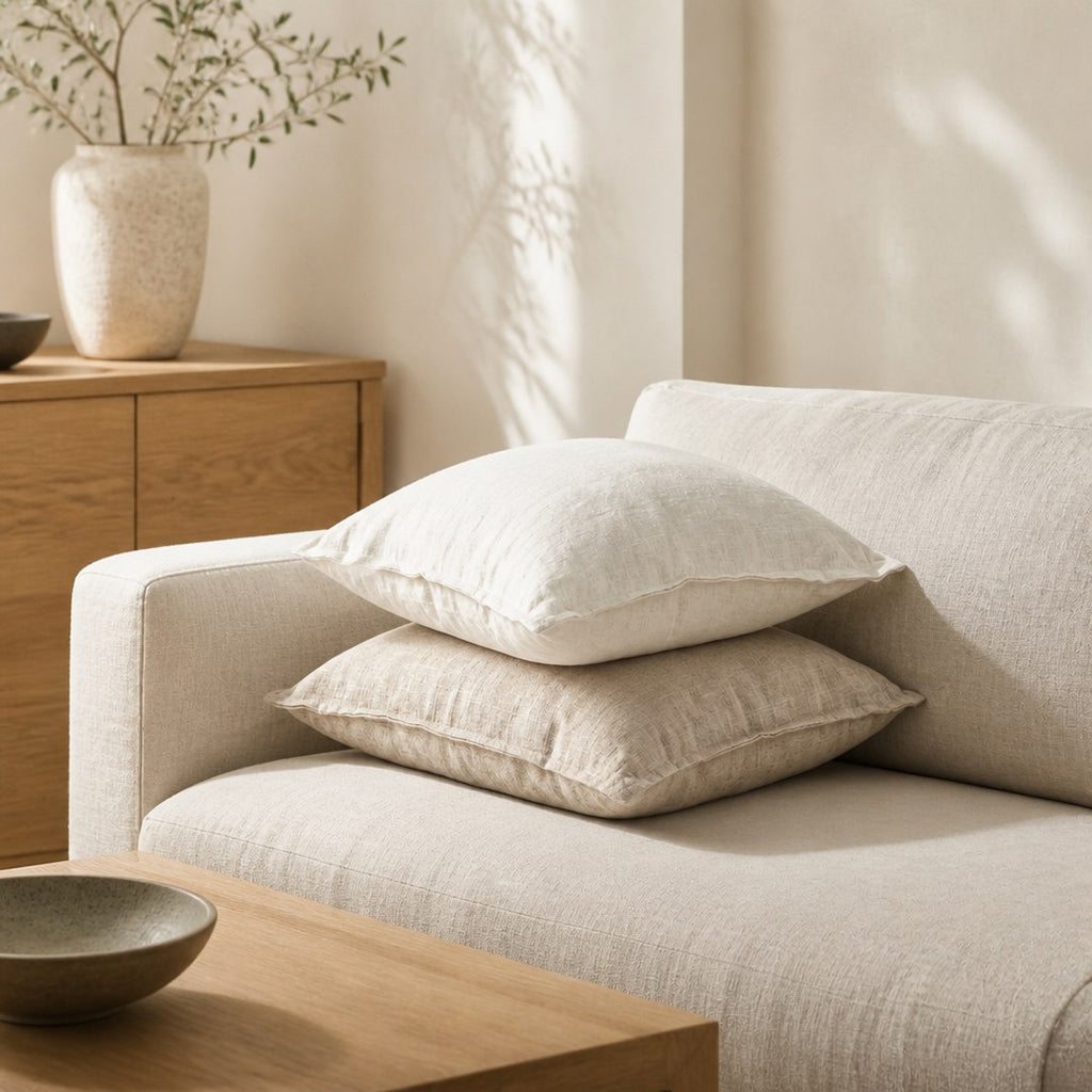 Linen cushions on a low linen sofa in a calm living room