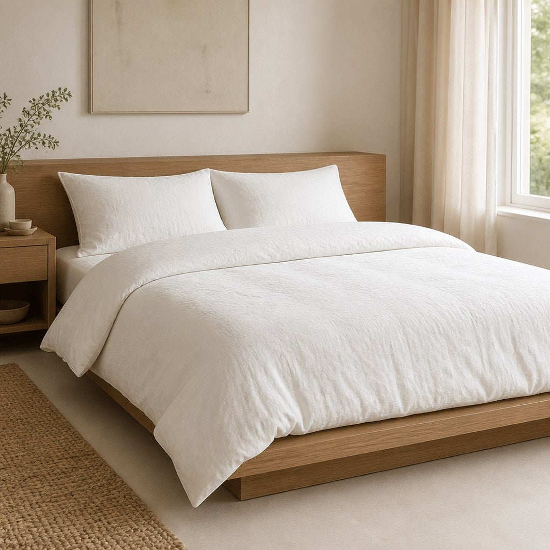 Linen duvet set made up on an oak bed in a bright bedroom