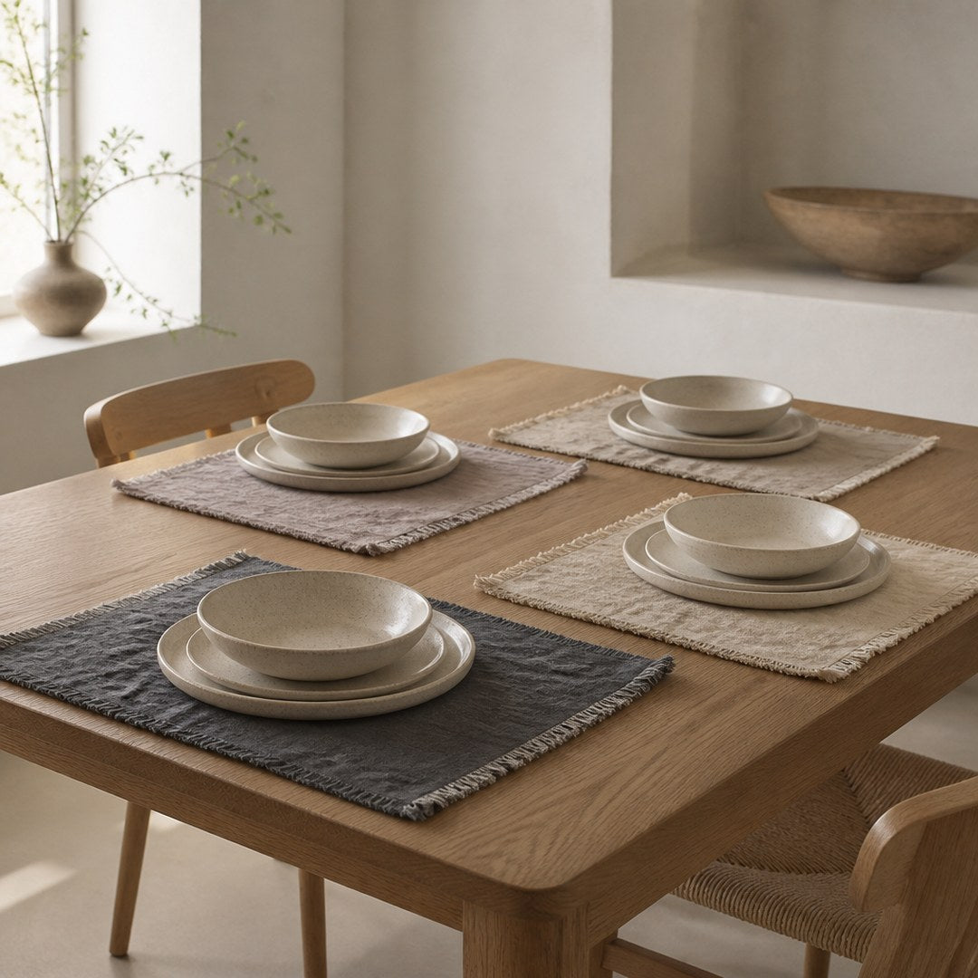 Linen placemats set at four places on an oak dining table