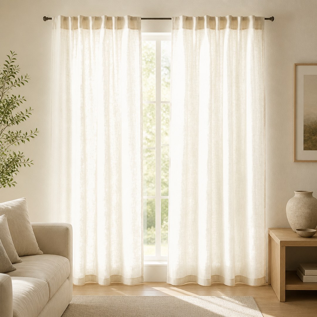 Sheer linen panels filtering daylight at a tall living room window