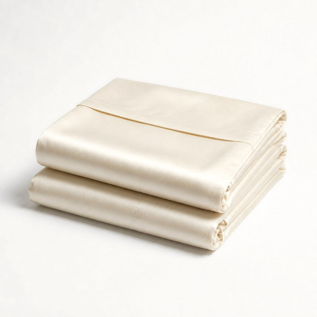 Mulberry silk pillowcase pair, three-quarter view showing envelope closure