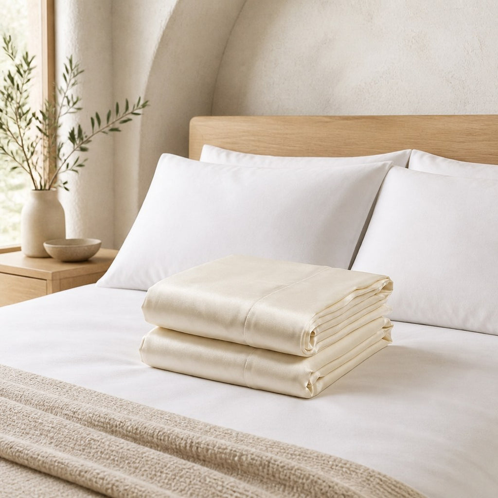 Silk pillowcases on a made bed in a bright bedroom