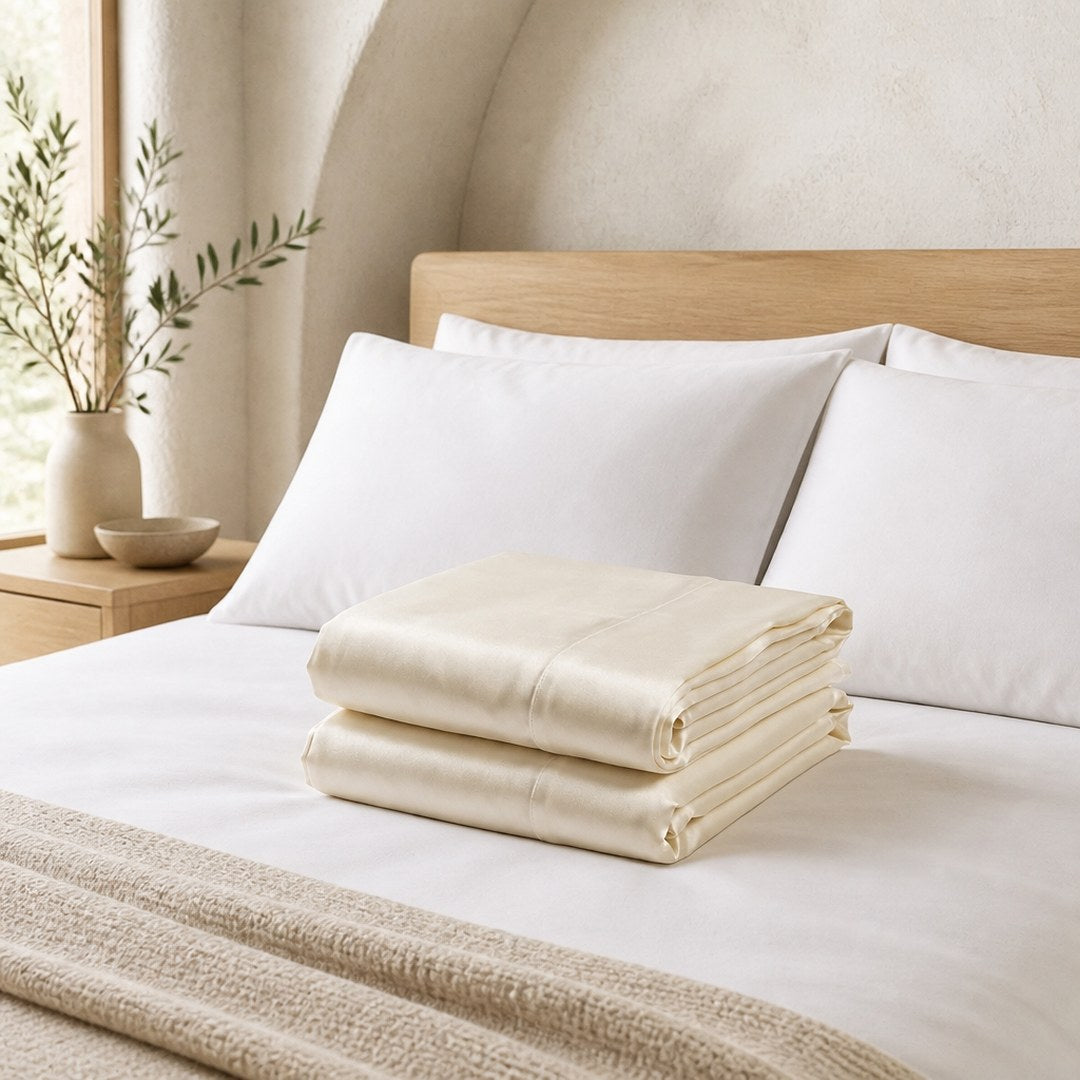 Silk pillowcases on a made bed in a bright bedroom