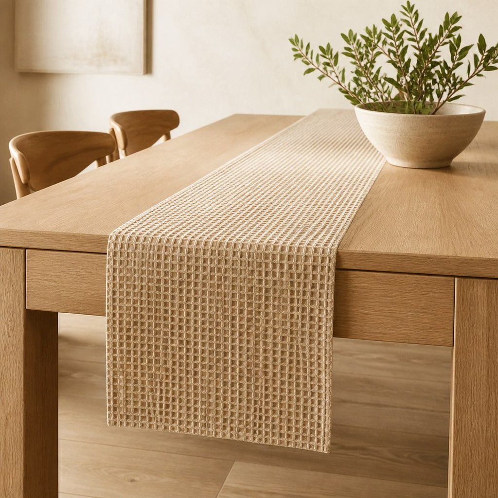 Waffle table runner down the centre of an oak dining table