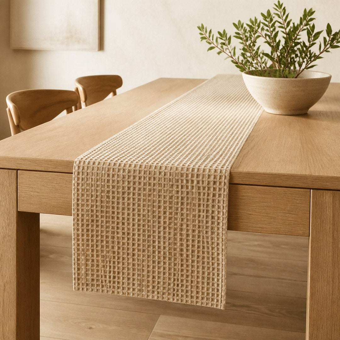 Waffle table runner down the centre of an oak dining table