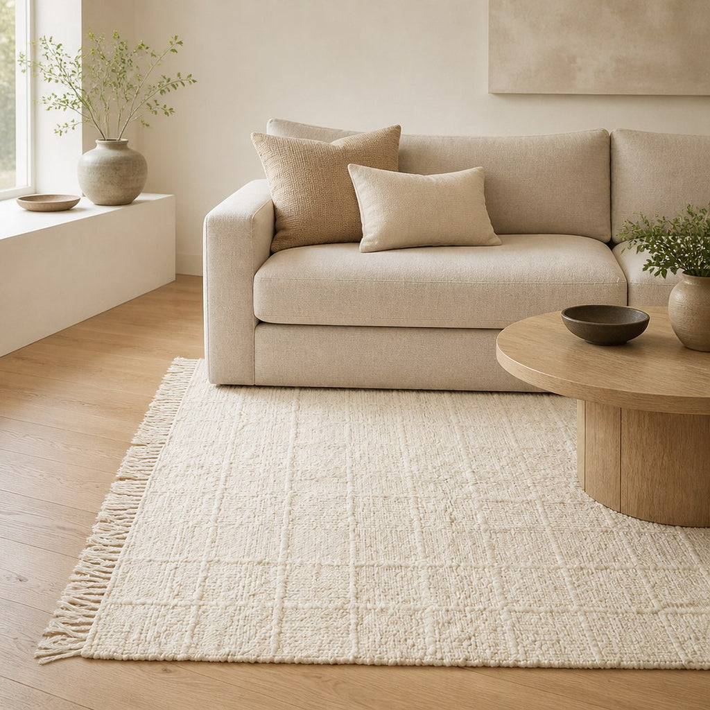 Wool rug under a linen sofa in a bright living room